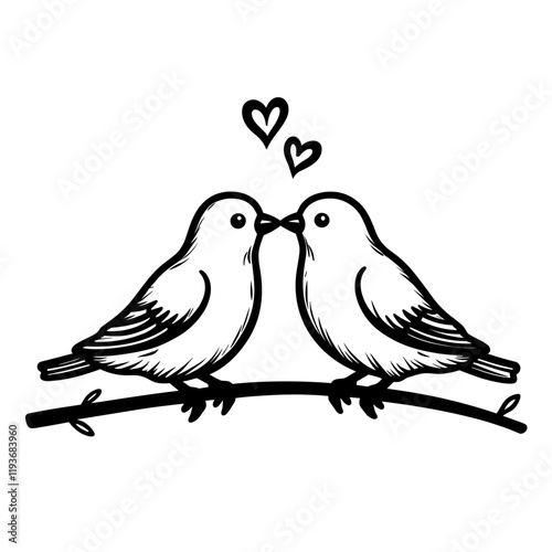 Minimalist lovebirds kissing with hearts, symbolizing affection