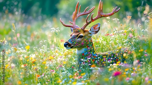A graceful deer covered in patterns of wildflowers and grasses blending into the vibrant summer landscape.