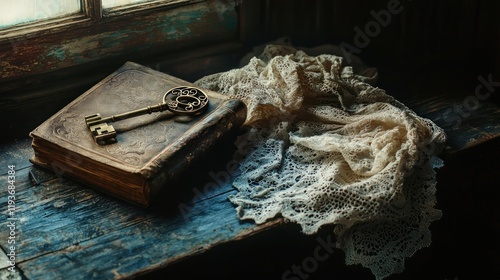 Antique key on old book and lace near window.