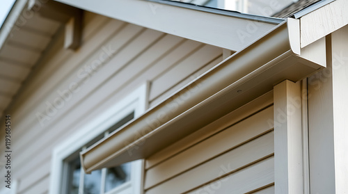 Modern House Exterior: Close-up of a Beige Rain Gutter and House Siding. High-quality image showcasing architectural details and home improvement concepts. photo