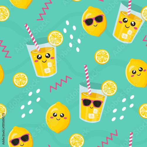 Cute lemoned seamless pattern. Summer lemon and lemoned characters. 
