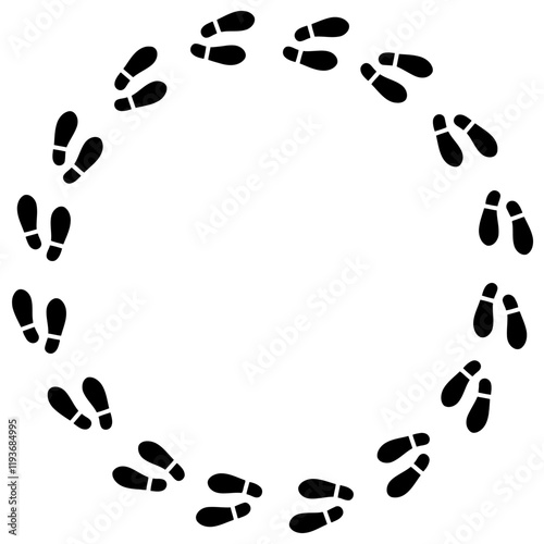 Black shoe prints arranged in perfect circle formation, isolated, minimalist visual pattern. Simple footsteps evoke mysterious journey, dance sequence, or being stuck in endless loop.
