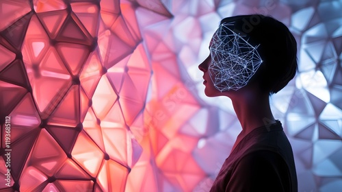A human figure blending into and emerging from a lattice of geometric shapes bathed in soft neon light.