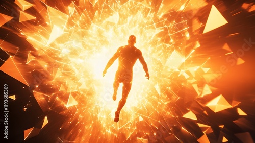 A human figure breaking out of layered glowing triangles surrounded by a radiant burst of light and motion.