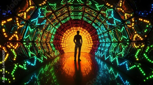 A human figure rising from a tessellated hexagonal pattern surrounded by neon lights.