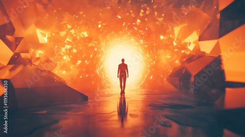 A human figure stepping through a radiant geometric gateway surrounded by floating glowing shapes.