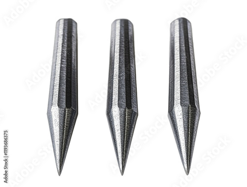 Three sharp steel points with pointed ends on a white background front view close-up stock photo high-resolution photography hyperrealistic highly detailed photo