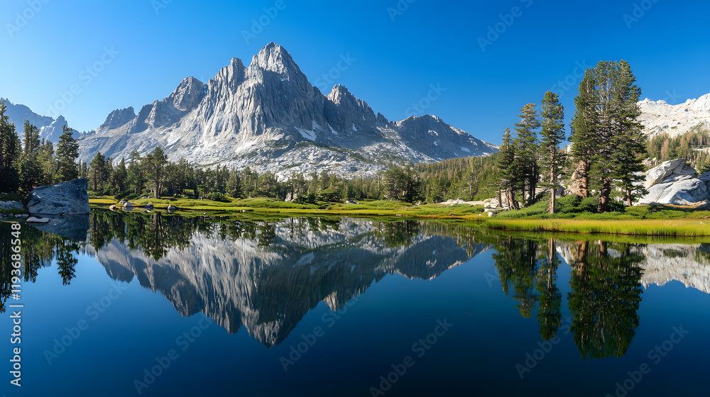 Fototapeta premium A pristine mountain range reflected in the still waters of a high-altitude lake with a clear blue sky above.