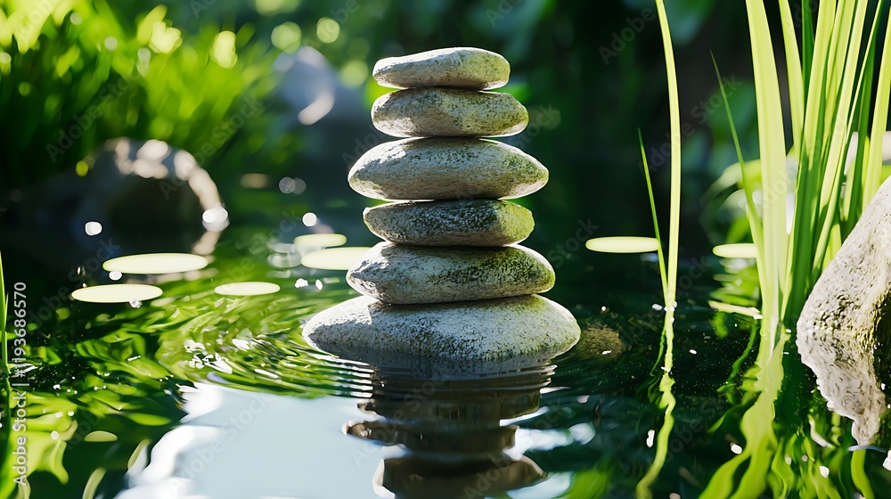 Serene stack of smooth stones balancing on a tranquil pond surrounded by lush greenery Serene stack of smooth stones balancing on a tranquil pond surrounded by lush greenery