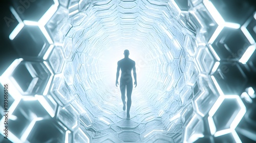 A human form materializing from concentric glowing hexagons each layer illuminated by soft neon tones.