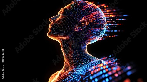 A human form materializing from concentric glowing hexagons each layer illuminated by soft neon tones.