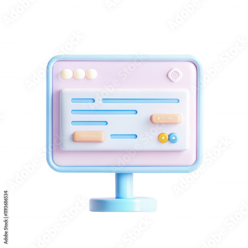 A colorful 3d illustration of a computer monitor with pastel colors and playful buttons, showcasing a modern digital interface design.