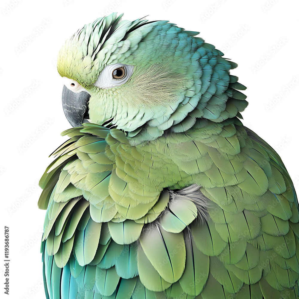 Fototapeta premium Close-up of a parrot with vibrant green feather isolated on white background.PNG