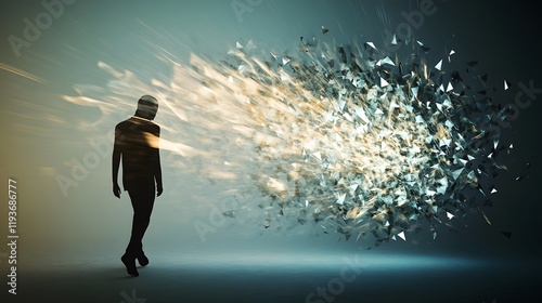 A human silhouette disintegrating into angular shards of light transitioning into geometric abstraction.