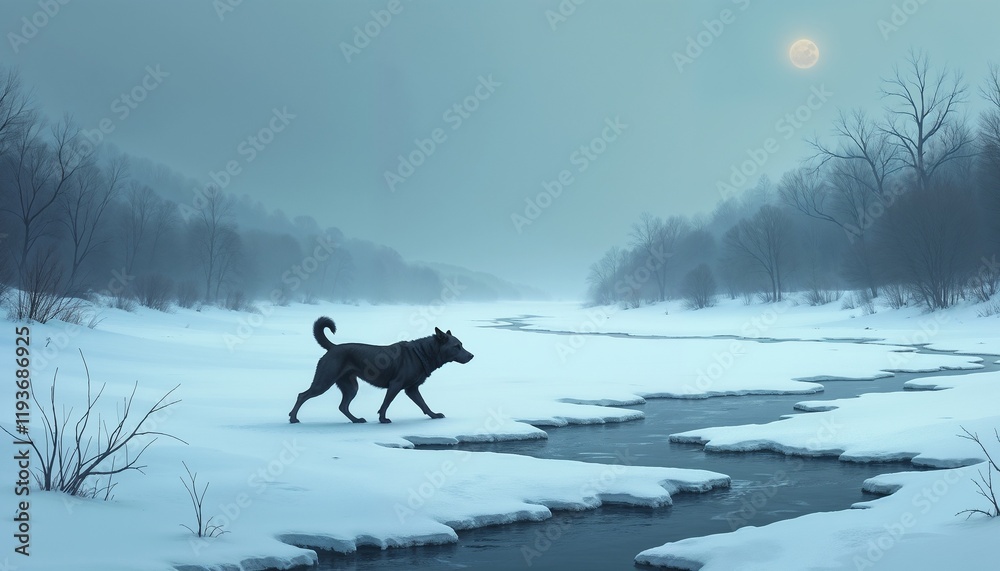 Dog walking on thin ice in winter mood near frozen river under moonlight Dog walking on thin ice in winter mood near frozen river under moonlight