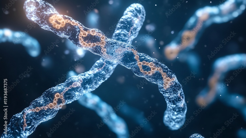 Chromosomes visualized intricate magnified structures illustrating genetic inheritance and the building blocks of life Chromosomes visualized intricate magnified structures illustrating genetic inheritance and the building blocks of life