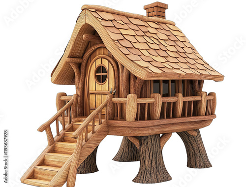 Wooden fantasy cabin a house for kids or cats with a wooden roof and stairs isolated on a white background. photo