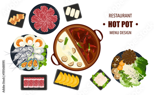 Vector set of Shabu food, Hot Pot, and various spices. Hot soup and boiled vegetables in a hot pot, top view Kitchen utensils isolated on white background For elements in restaurant menu design.