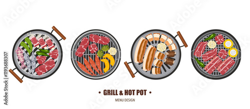 Vector illustration of cooking grilled beef steak Barbecue and vegetables on a charcoal grill with kitchen utensils Top view isolated on white For elements in designing food menus.