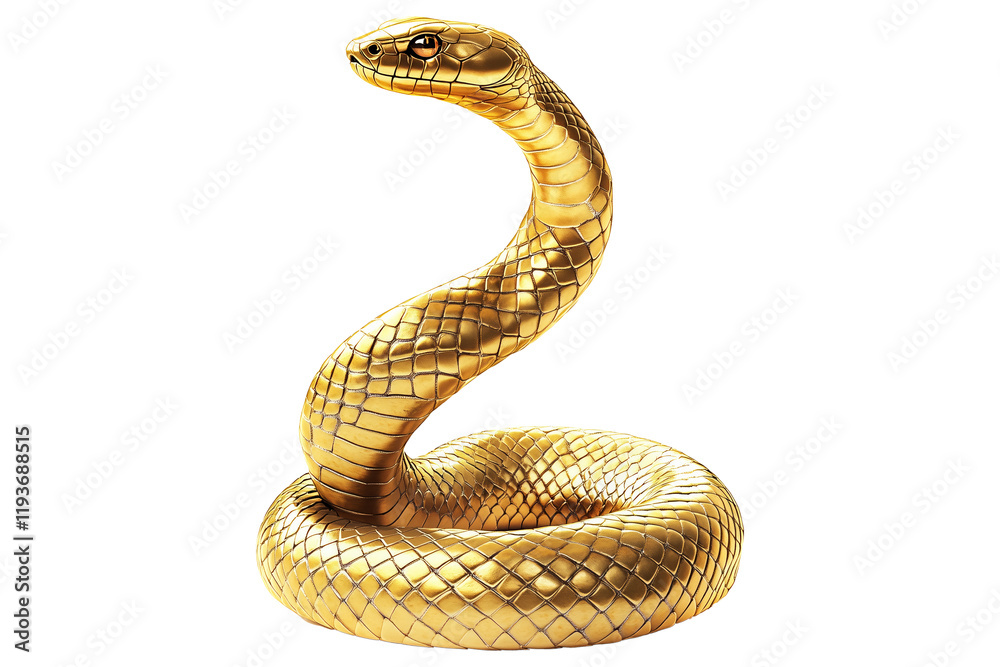 Fototapeta premium Coiled golden snake sculpture with detailed scales isolated on white background, reptiles or wildlife