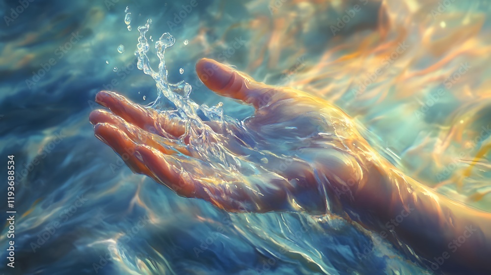 Fototapeta premium Hand Receiving Water Splashing Sunlight