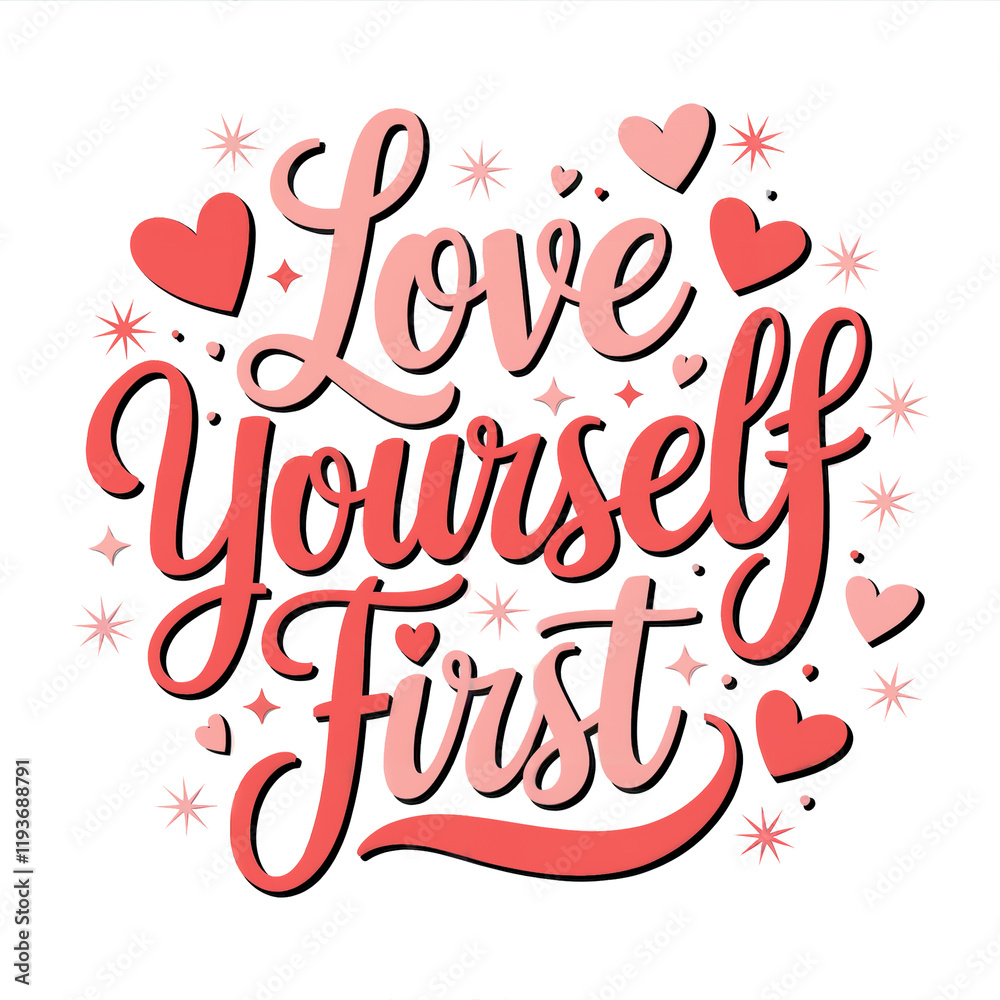Love Yourself First is written in elegant, bold pink and red cursive letters Love Yourself First is written in elegant, bold pink and red cursive letters