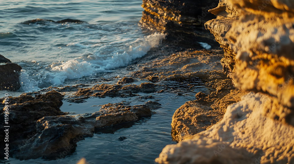 A rocky shoreline with tide pools teeming with marine life and waves crashing against jagged rocks in the distance. A rocky shoreline with tide pools teeming with marine life and waves crashing against jagged rocks in the distance.