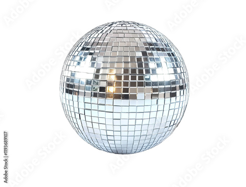 A shiny disco ball with mirror-like reflections set against an isolated white background