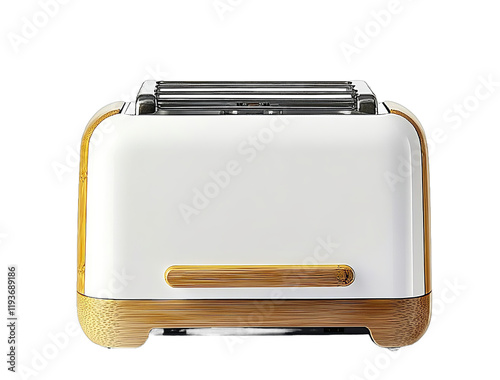 a toaster with wooden elements in white and gold color on an isolated background front view product photography