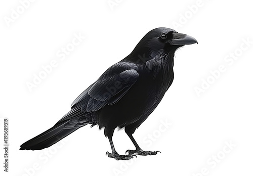 Black crow standing on a white background isolated. Full body of a raven bird with long tail feathers in profile view.