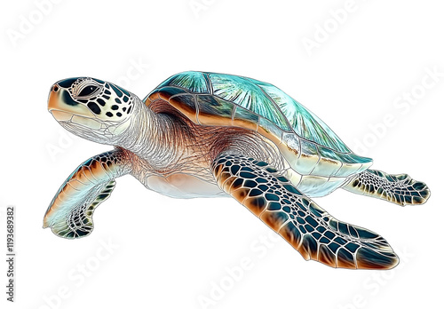 Sea turtle white background isolated from the edges of the canvas hyperrealistic highly detailed photorealistic full-body shot wide angle hyperdetailed cinematic lighting photo