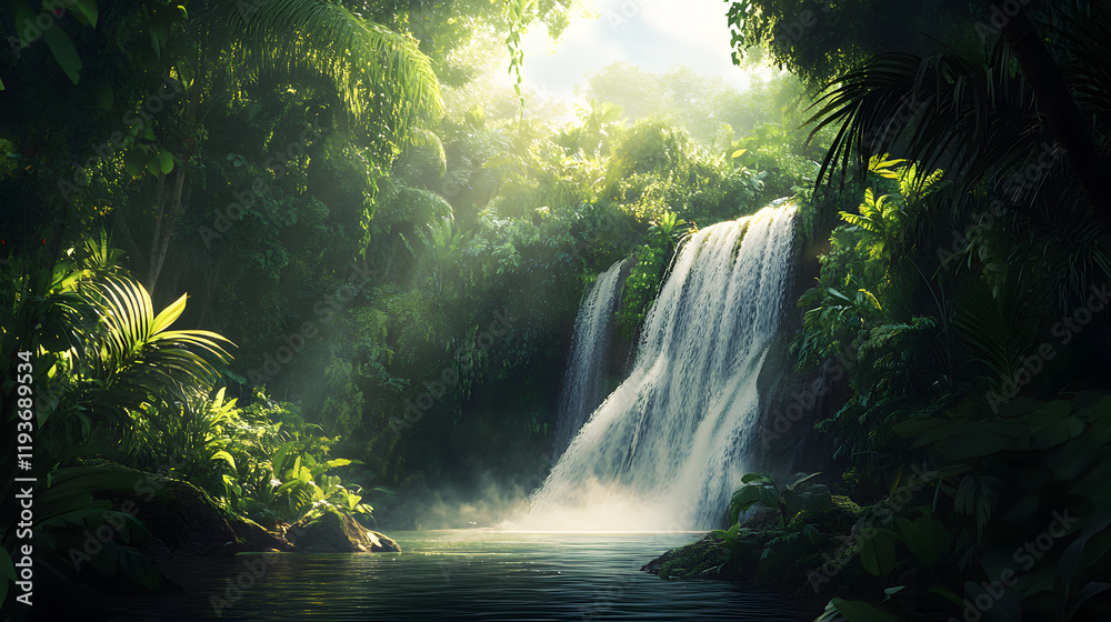 A secluded tropical waterfall surrounded by dense jungle foliage with sunlight filtering through the canopy. A secluded tropical waterfall surrounded by dense jungle foliage with sunlight filtering through the canopy.