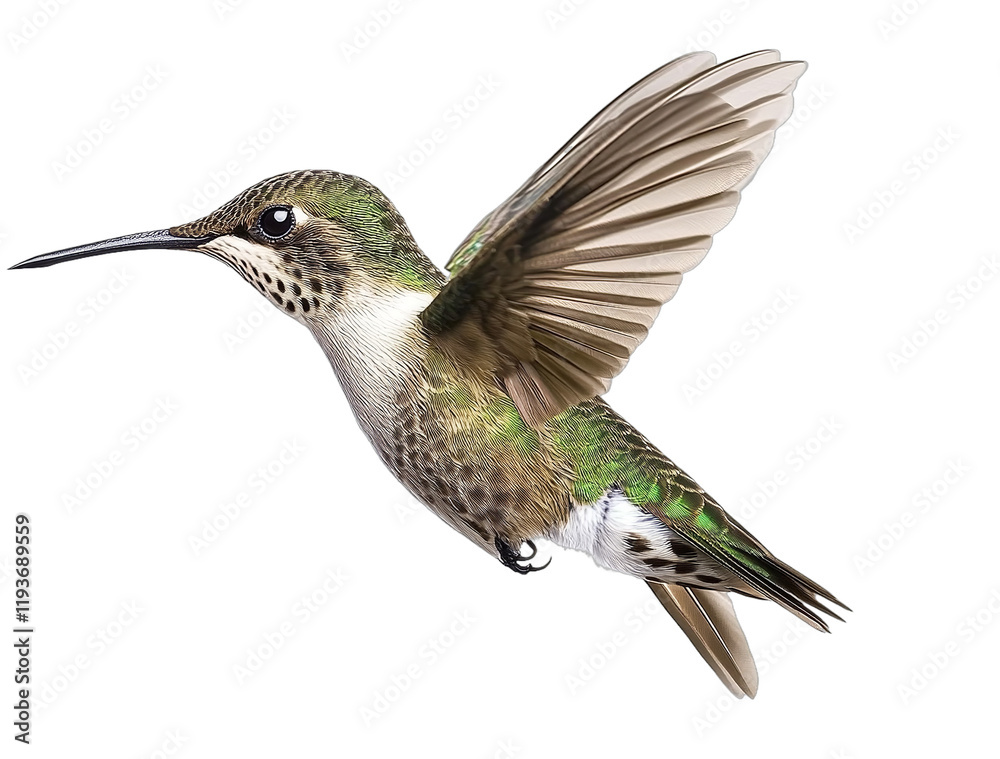Fototapeta premium An ultra-realistic photograph of a hummingbird in flight side view isolated on a white background with realistic studio lighting