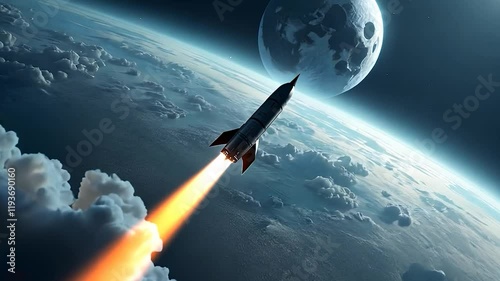 Rocket launching into space with Earth and the moon in the background