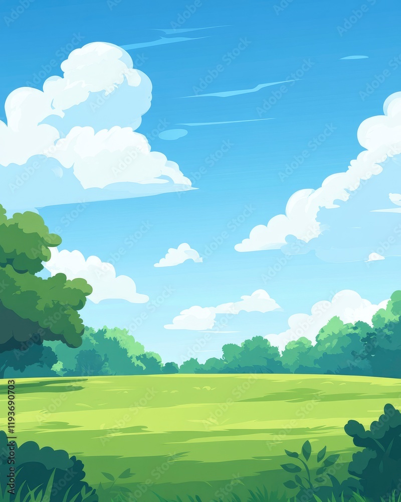 Beautiful green grass field with blue sky and white clouds background, park landscape with trees in the distance Beautiful green grass field with blue sky and white clouds background, park landscape with trees in the distance