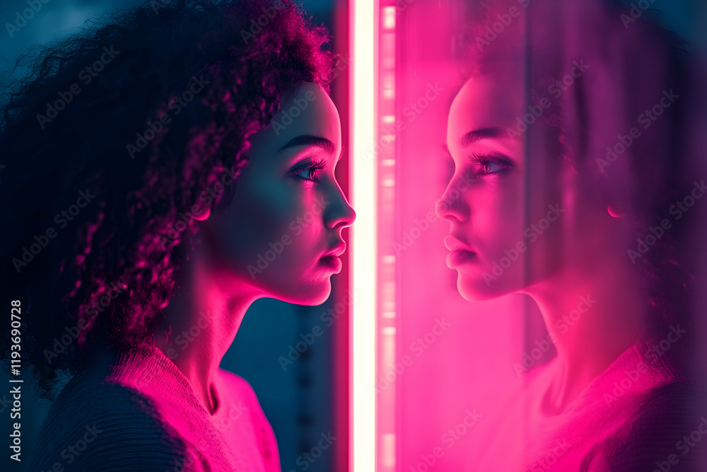 Obraz premium A woman gazing into a digital mirror with her reflection illuminated by neon pink light, exploring technology and self-perception.