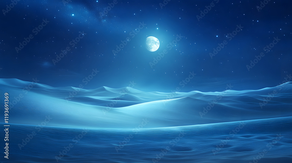 Fototapeta premium A serene desert landscape with vast dunes under a starry night sky illuminated by soft moonlight.