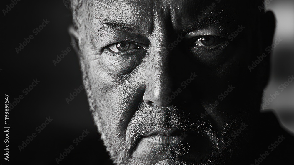 Close-up black and white portrait of a serious middle-aged man. Close-up black and white portrait of a serious middle-aged man.