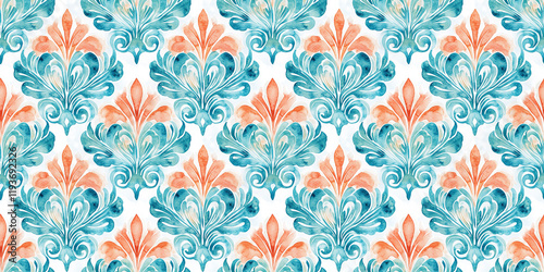 Wallpaper Mural Painted turquoise and gold watercolor sheet in the form of an arabesque floral geometric shell, seamless pattern.. Torontodigital.ca