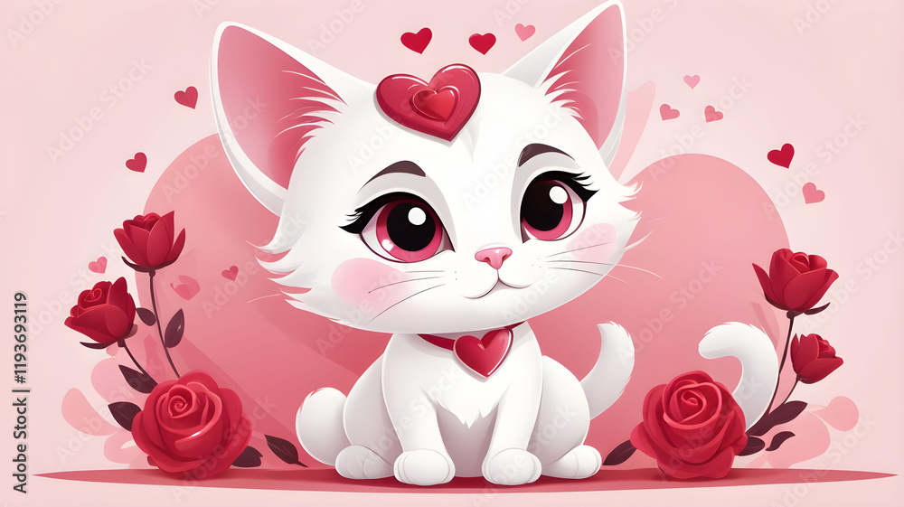 Fototapeta premium cartoon cat on the background of hearts