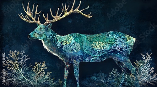 A majestic stag with antlers resembling coral branches its body adorned with marine-inspired patterns like waves and seashells.