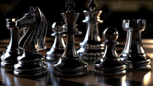 Close-up of metallic chess pieces on a board.
