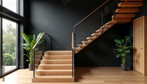 Modern home interior elegant black oak staircase with glass railing against dark walls. Natural wood grain steps, black walls create stylish contrast. Wood flooring complements design. Potted plants photo