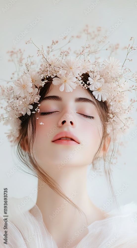 A woman with her eyes closed, wearing a crown of pale pink flowers, against a white background A woman with her eyes closed, wearing a crown of pale pink flowers, against a white background
