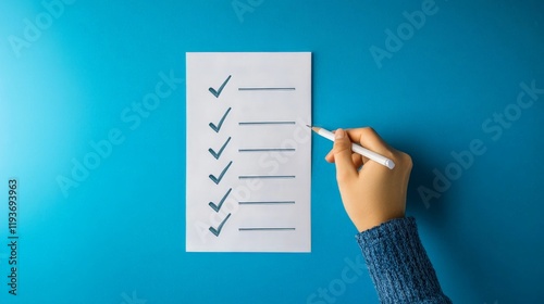 Hand of young caucasian female checking items on a list against blue background