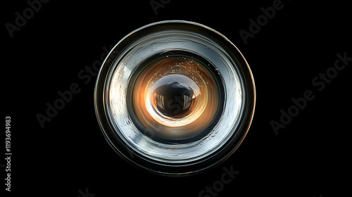 A single floating droplet magnifying the background creating a fisheye lens effect in zero gravity.