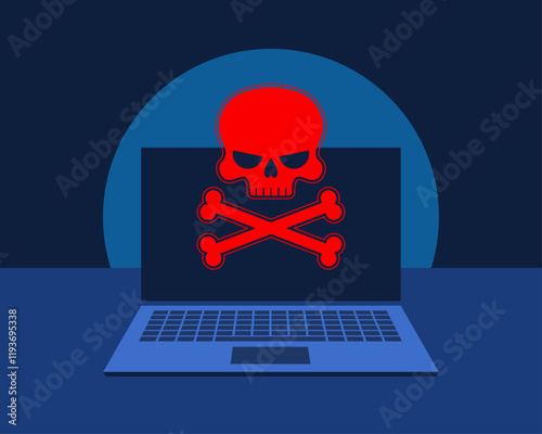 Cyber attack or cyber hacking. Laptop with bright red skull and crossbones symbol as a warning of cybercrime and malware in front of dark blue background. Simplified vector illustration.