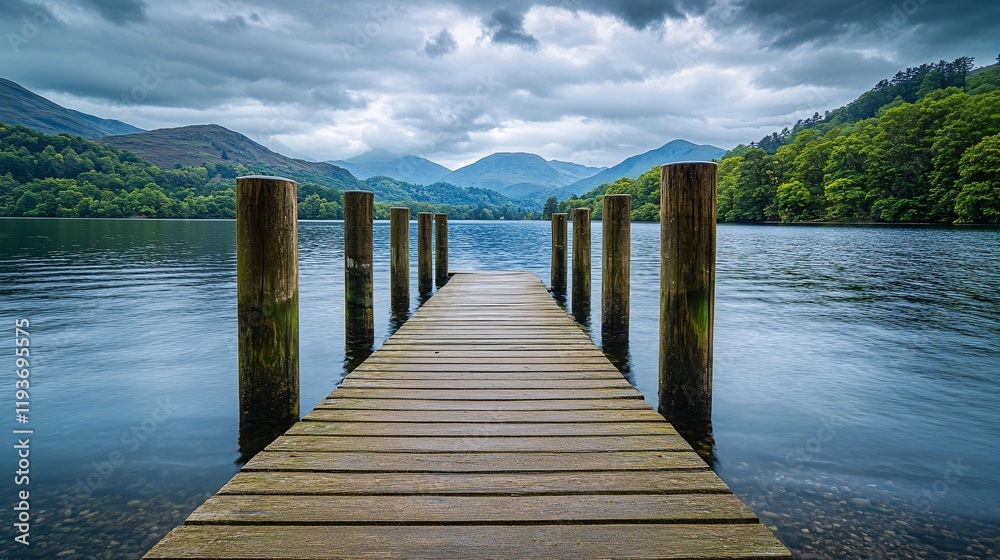 Naklejka premium Serene Lake Landscape with Wooden Dock