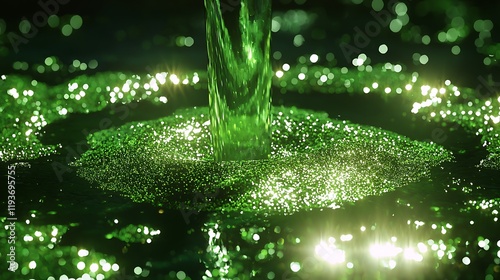 Sparkling green liquid pouring into a shimmering pool, creating a mesmerizing visual effect