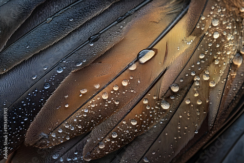 Delicate water droplets resting on a birda??s feather in soft focus photo